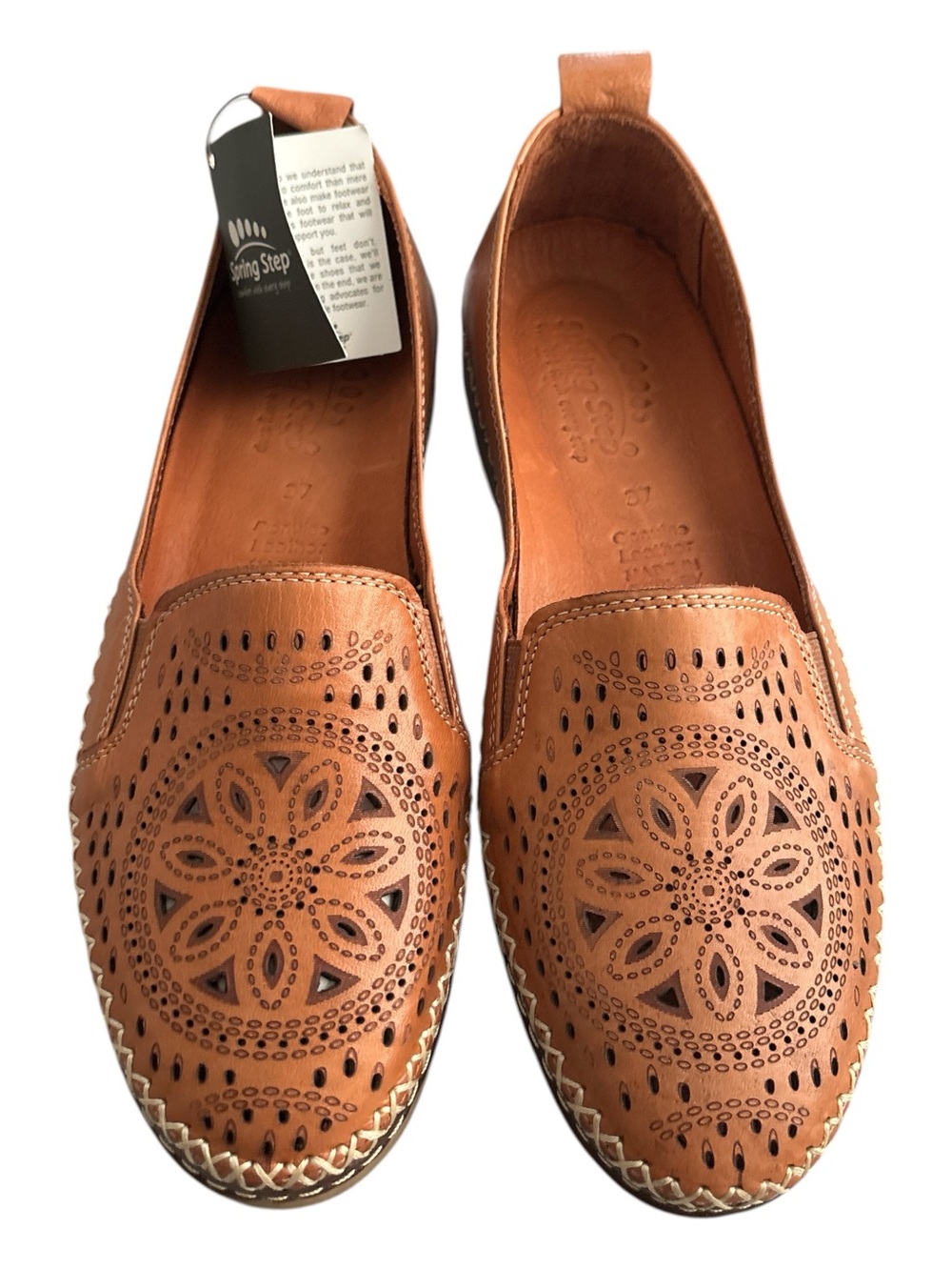 Spring Step Ingrid Camel Brown Leather Laser Cut Perforated Slip On Loafers 37 - Picture 2 of 8